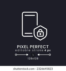 Mobile device security white linear desktop icon on black. Smartphone privacy. Digital safety. Pixel perfect 128x128, outline 4px. Isolated user interface symbol for dark theme. Editable stroke
