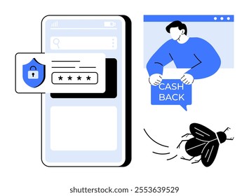 Mobile device with a shield icon and password field indicating security, a person holding a cash back message representing financial rewards, and a bug symbolizing digital threats. Ideal for
