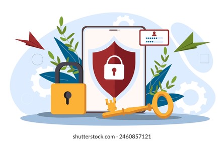 A mobile device with a shield and lock, key, paper airplanes, and plants, vector illustration on a light blue abstract background, concept of digital security.