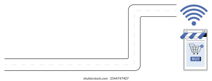 A mobile device with a shopping cart and BUY button connecting via a wireless signal set against a simple road illustration. Ideal for e-commerce, online shopping, digital marketing, mobile apps