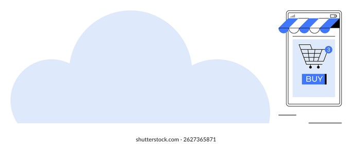 Mobile device with shopping cart and buy button. Blue cloud in background. Ideal for e-commerce, online shopping, cloud computing, digital marketing, mobile apps. Simple flat style