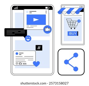 Mobile device showcasing a video screen, shopping cart with notifications, social media interactions, and a share icon. Ideal for social media, e-commerce, digital marketing, app design, user