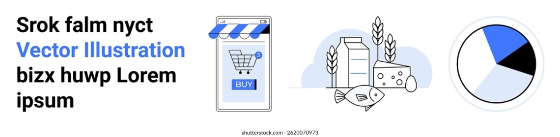 Mobile device showing shopping app, fresh groceries including milk and fish, pie chart. Ideal for e-commerce, online shopping, food industry, grocery stores, data analysis, mobile apps