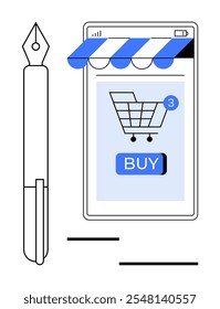 A mobile device showing a shopping cart with items and a buy button next to a fountain pen. Ideal for e-commerce, digital transactions, online shopping, mobile apps, and retail marketing. Outline