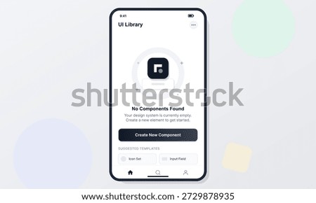 A mobile device shows a blank UI library screen with no components. It suggests creating a new component. There are also template ideas listed below the main message.