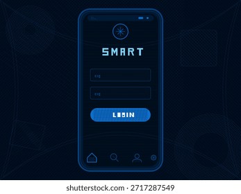 Ein mobiles Gerät zeigt einen Anmeldebildschirm für eine intelligente Anwendung an. Das Design enthält Leerzeichen für Benutzername und Passwort. Das Layout verwendet dunkle Farben und klaren Text.