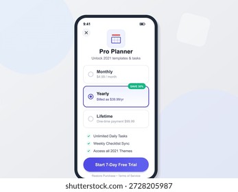 Un dispositivo móvil muestra opciones para las Suscripciones de Pro Planner. Los usuarios pueden elegir entre Planes mensuales, anuales o de por vida. La pantalla destaca la facturación anual y una oferta de Prueba gratuita.