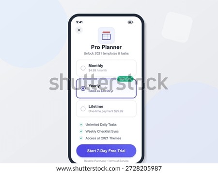 A mobile device shows options for Pro Planner subscriptions. Users can choose between monthly, yearly, or lifetime plans. The screen highlights yearly billing and a free trial offer.