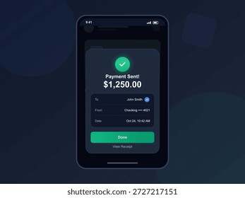 Um dispositivo móvel mostra uma tela de confirmação de pagamento. A tela detalha uma transação de US$ 1.250,00 enviada a um destinatário com informações específicas da conta.