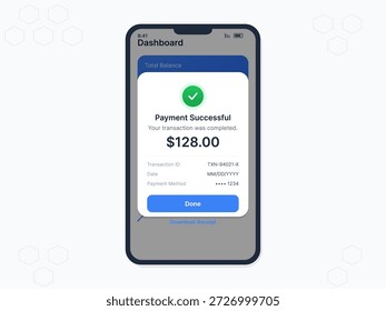 Un dispositivo móvil muestra una notificación de pago correcta. La pantalla muestra detalles como saldo total, ID de transacción, fecha y método de pago para mayor claridad y registros.