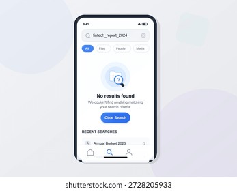 A mobile device shows a search screen with no results found for the fintech report. Recent searches are listed below. The layout is simple and clear, focusing on search functionality.