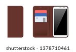 Mobile device smartphone with open and closed brown stitched leather case, plastic bank cards in pockets. Vector modern flat illustration isolation set