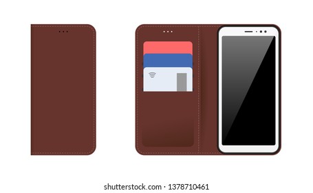 Mobile device smartphone with open and closed brown stitched leather case, plastic bank cards in pockets. Vector modern flat illustration isolation set