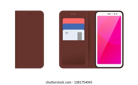 Mobile device smartphone with open and closed brown stitched leather case, plastic bank cards in pockets. Vector modern flat illustration isolation set