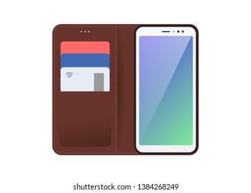 Mobile device smartphone with open and closed brown stitched leather case, plastic bank cards in pockets. Vector modern flat illustration isolated