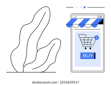A mobile device with a storefront awning, a shopping cart icon with a notification, and a BUY button. Ideal for e-commerce, mobile shopping, online retail, digital marketplace, user interface