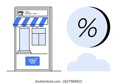 Mobile device with storefront and shopping cart icon, large percentage sign symbolizing discount, cloud. Ideal for e-commerce, online shopping, digital marketing, promotions, web stores, retail