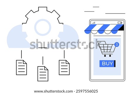 Mobile device storefront with shopping cart icon, cloud connected to documents by a gear mechanism. Ideal for e-commerce, cloud computing, automation, online shopping, mobile apps. Simple line art