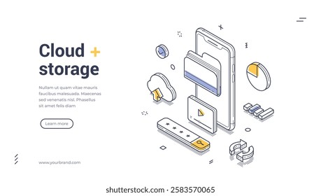 Mobile device surrounded by cloud storage icons, charts, and graphics, representing digital data management and accessibility. Modern line art isometric web banner, landing page template
