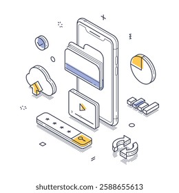 Mobile device surrounded by cloud storage icons, charts, and graphics, representing digital data management and accessibility. Modern line art isometric vector illustration