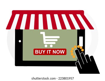 Mobile device tablet icon, hand shopping and review, eCommerce online concept