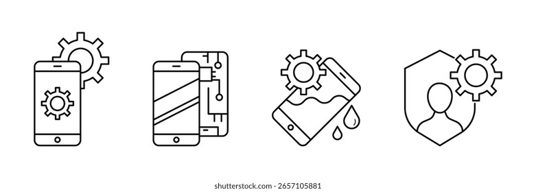 Mobile device technical service tools diagnostics support system electronics maintenance settings repair icon vector illustration set.