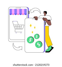 Ejemplo de vector de concepto abstracto de intercambio de dispositivos móviles. Vender dispositivos móviles antiguos, operaciones comerciales minoristas, dejarnos su teléfono celular usado, electrónica de recompra, mejor metáfora abstracta de trato.