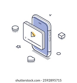 Mobile device with a video playback interface emerging from it, symbolizing the content creation process. Surrounding elements enhance the design, emphasizing creativity. Vector illustration