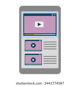 Mobile device with video player interface. Multimedia content screen. Online streaming application. Digital playback technology. Vector illustration. EPS 10.