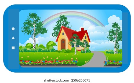 Mobile device view of a cottage on the hill with multicolored rainbow above it, with a road leading to it and many beautiful birch trees nearby. Vector illustration.