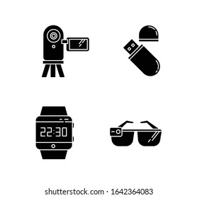 Mobile devices black glyph icons set on white space. Pocket electronic gadgets. Smart technology. Flash drive, video camera. Smartwatch, smartglasses. Silhouette symbols. Vector isolated illustration