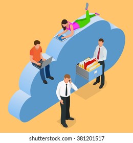 Mobile devices connected on a cloud data storage.  Flat 3d isometric vector illustration