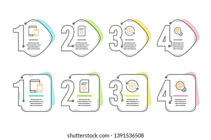 Mobile devices, Download file and Reject refresh icons simple set. Cogwheel sign. Smartphone with tablet, Load document, Update rejection. Idea bulb. Technology set. Infographic timeline. Vector