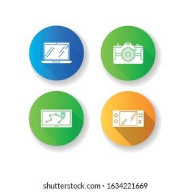Mobile devices flat design long shadow glyph icons set. Pocket electronic gadgets. Navigation assistant, game console. Laptop, photo camera. Compact digital tools. Silhouette RGB color illustration