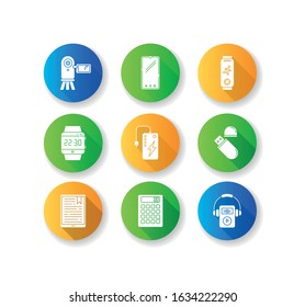 Mobile devices flat design long shadow glyph icons set. Pocket electronic gadgets. Powerbank, smartphone, video camera. Flash drive, calculator. Compact digital tool. Silhouette RGB color illustration