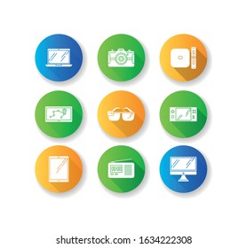 Mobile devices flat design long shadow glyph icons set. Pocket electronic gadgets. Tablet, laptop, computer. Navigator, smartglasses, radio set. Compact digital tool. Silhouette RGB color illustration
