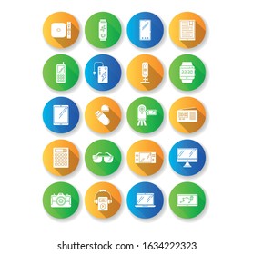 Mobile devices flat design long shadow glyph icons set. Handheld small electronic gadgets. Smartphone, laptop, computer. E-readers. Cameras. Pocket digital tools. Silhouette RGB color illustration