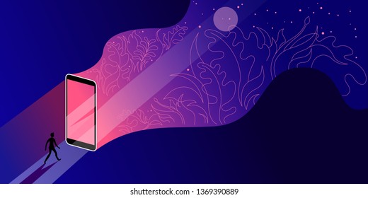 Mobile devices as a guide in the new world of digital civilization. Metaphor of augmented reality. Vector flat illustration.
