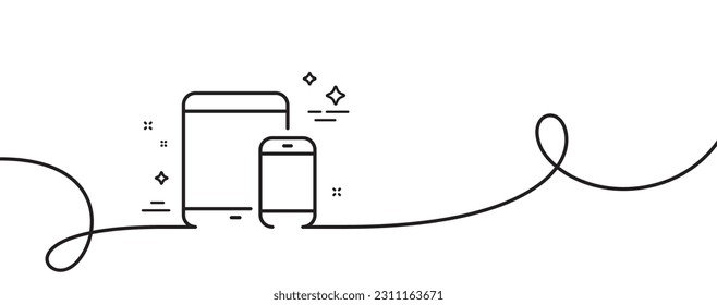 Icono de Dispositivos móviles. Una línea continua con curl. Señales de Smartphone y Tablet PC. Símbolos de gadget de pantalla táctil. Banda de contorno simple de dispositivos móviles. Patrón de curva de bucle. Vector
