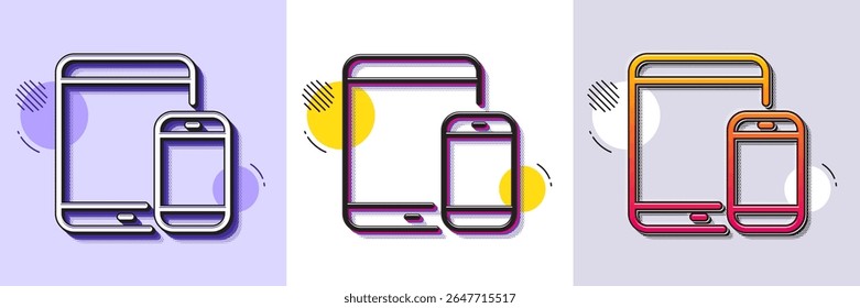 ícone Dispositivos Móveis. Padrão pontilhado de meio-tom. Ícone de gradiente com sombra de grão. Sinais de Smartphone e Tablet PC. Símbolos de gadget de tela sensível ao toque. Ícone de dispositivos móveis de linha. Vários desenhos. Vetor