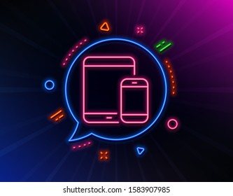 Mobile Devices icon. Neon laser lights. Smartphone and Tablet PC signs. Touchscreen gadget symbols. Glow laser speech bubble. Neon lights chat bubble. Banner badge with mobile devices icon. Vector