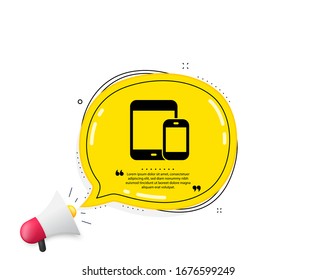 Icono de Dispositivos móviles. Burbuja del discurso de cita. Señales de Smartphone y Tablet PC. Símbolos gadget de pantalla táctil. Marcas de cotización. Icono de dispositivos móviles clásicos. Vector