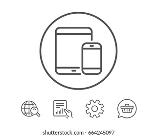 Mobile Devices icon. Smartphone and Tablet PC signs. Touchscreen gadget symbols. Hold Report, Service and Global search line signs. Shopping cart icon. Editable stroke. Vector