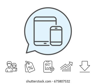 Mobile Devices icon. Smartphone and Tablet PC signs. Touchscreen gadget symbols. Report, Sale Coupons and Chart line signs. Download, Group icons. Editable stroke. Vector