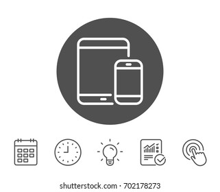 Mobile Devices icon. Smartphone and Tablet PC signs. Touchscreen gadget symbols. Report, Clock and Calendar line signs. Light bulb and Click icons. Editable stroke. Vector