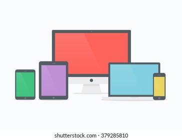 Mobile Devices Icon Vector Illustration In Flat Style. Devices Mockup On White Background.  Picture Computer, Laptop, Tablet And Phone.