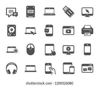 Mobile Devices icons. Set of Laptop, Tablet PC and Smartphone signs. HDD, SSD and Flash drives. Headphones, Printer devices and Mouse icons. Chat speech bubbles. Quality design element. Classic style