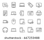 Mobile Devices line icons. Set of Laptop, Tablet PC and Smartphone signs. HDD, SSD and Flash drives. Headphones, Printer and Mouse symbols. Chat speech bubbles. Quality design elements. Vector