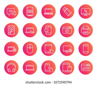 Mobile Devices line icons. Set of Laptop, Tablet PC and Smartphone signs. HDD, SSD and Flash drives. Headphones, Printer and Mouse symbols. Chat speech bubbles. Trendy gradient circle buttons. Vector