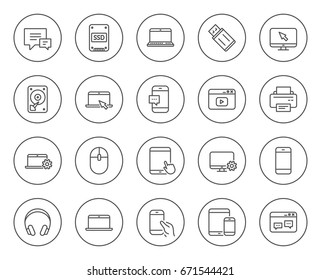 Mobile Devices line icons. Set of Laptop, Tablet PC and Smartphone signs. HDD, SSD and Flash drives. Headphones, Printer and Mouse symbols. Chat speech bubbles. Circle buttons with linear elements